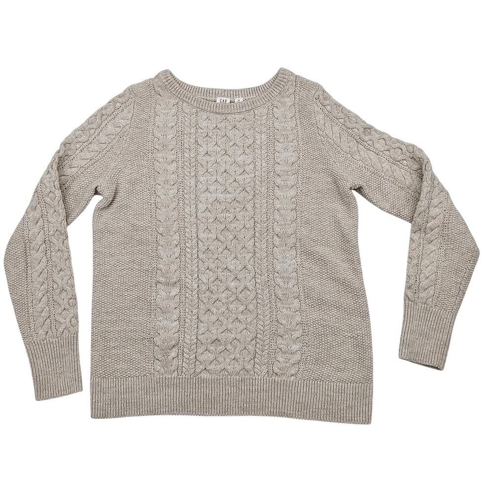 100% Cotton GAP Crewneck Cable Knit Fisherman Sweater Medium Oatmeal Heather EUC